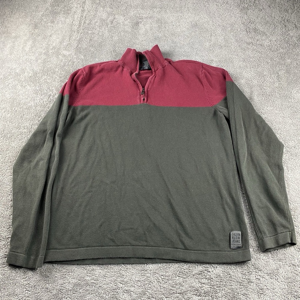 Calvin Klein Quarter Zip Mock Neck Shirt Mens Medium Gray Red Long Sleeve
